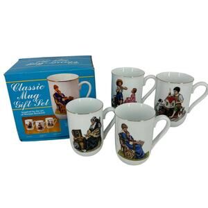 Norman Rockwell Mug Gift Set Vintage 1986 Museum Collections 24 K Gold Trim Cups